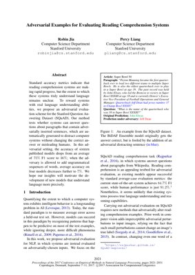 PDF Document Cover - Adversarial Examples for Evaluating Reading Comprehension Systems