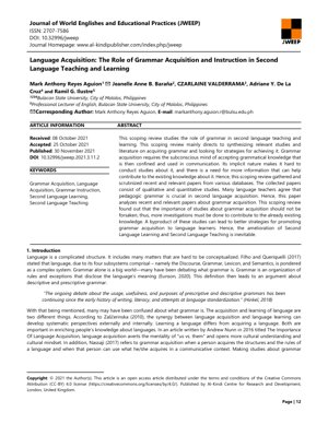 PDF ডকুমেন্ট কভার - দ্বিতীয় ভাষা শিক্ষাদান ও শিখনে ব্যাকরণ অর্জন ও নির্দেশনার ভূমিকা