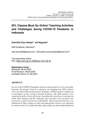 PDF Document Cover - EFL Classes Must Go Online: Teaching Activities and Challenges during COVID-19 Pandemic in Indonesia