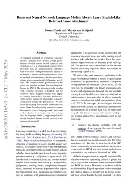 PDF Document Cover - RNN Language Models and Cross-Linguistic Syntactic Bias: English vs. Spanish Relative Clause Attachment