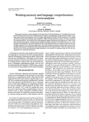 PDF Document Cover - Working Memory and Language Comprehension: A Meta-Analysis (1996)