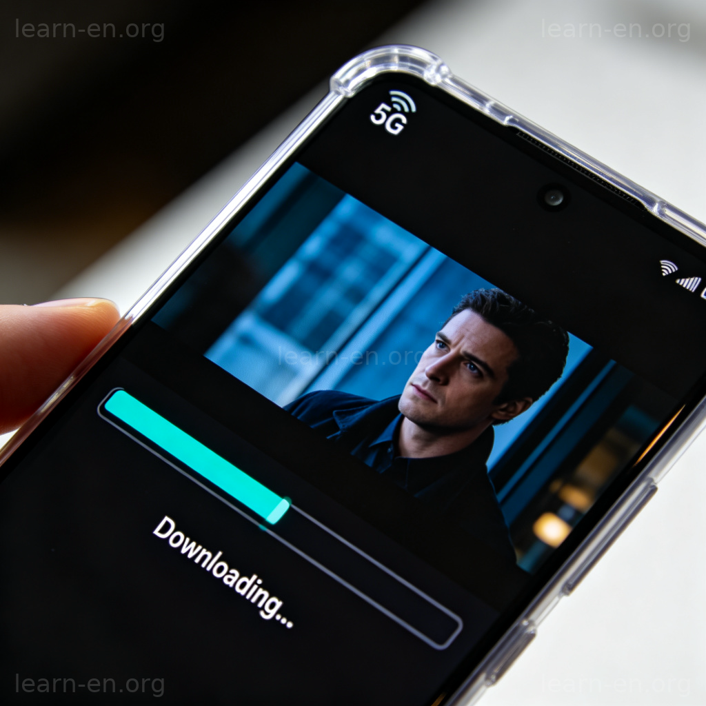 5G技术图解：智能手机屏幕显示高速下载电影，顶部有清晰的5G信号图标