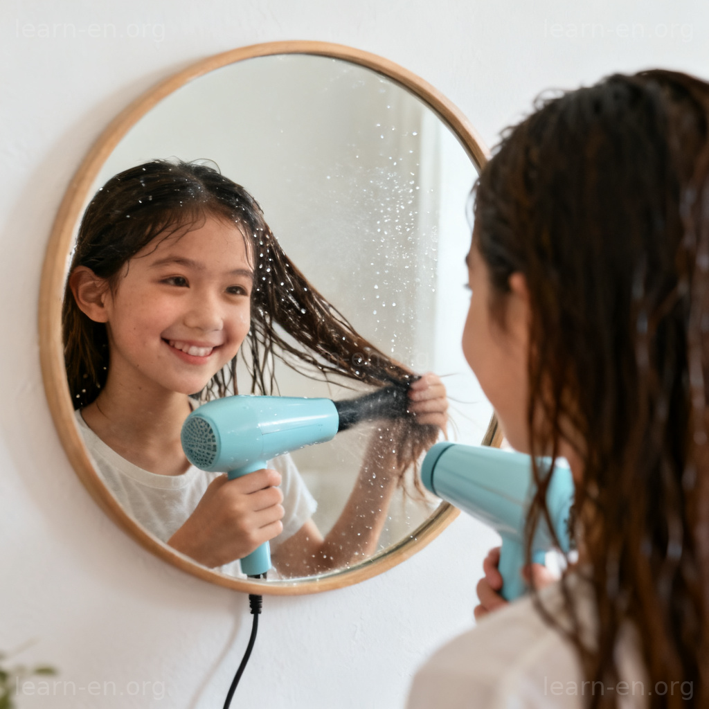 Blow-dry Hair 图解：女孩在家用吹风机吹干长发