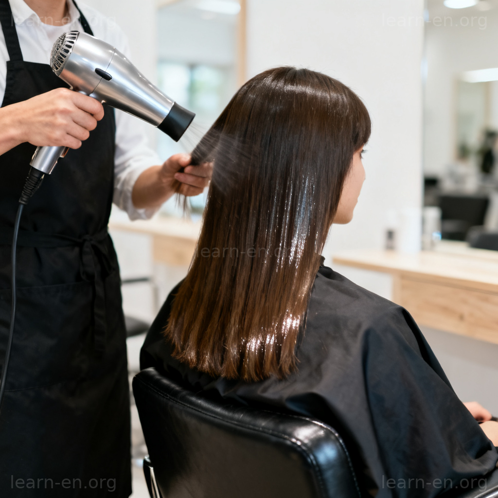 Blow-dry Hair 服务场景：发型师在沙龙为客户吹发造型