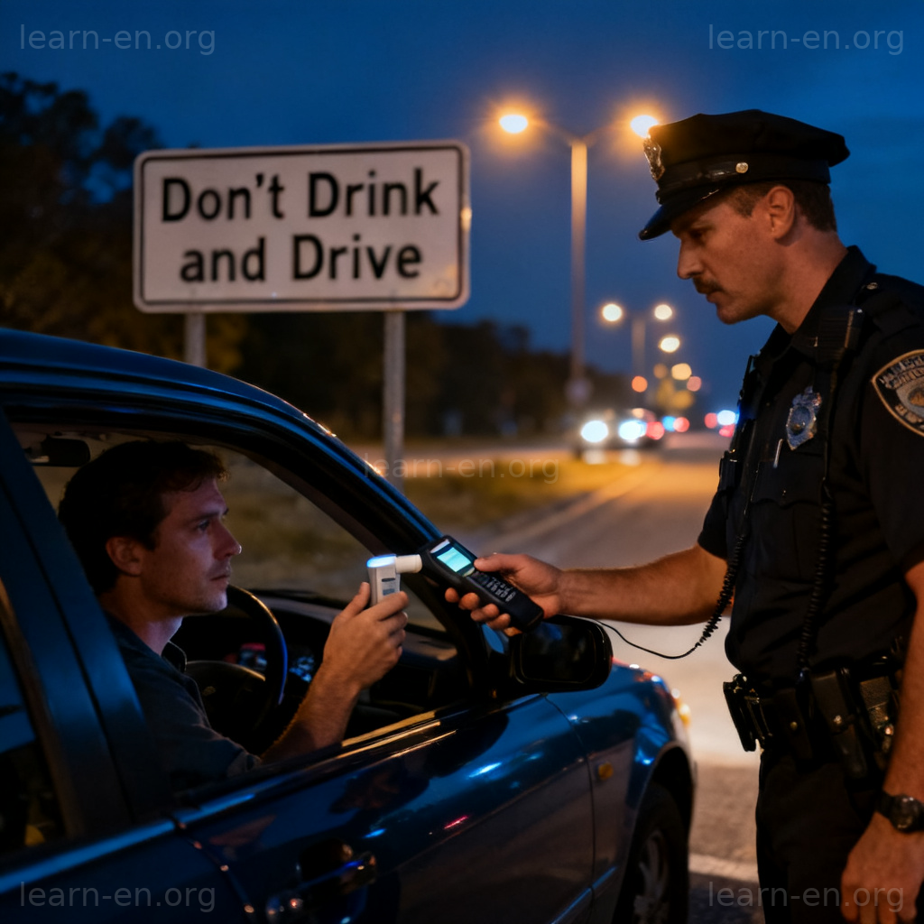 Drunk driving police breathalyzer test at night with warning sign