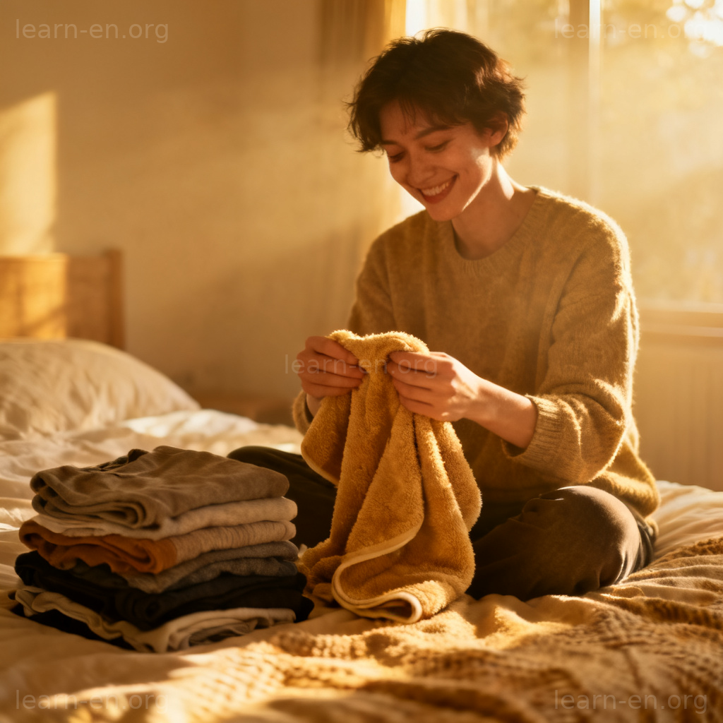 Fold Clothes 图解：人物在床上叠毛巾，旁边整齐衣物堆