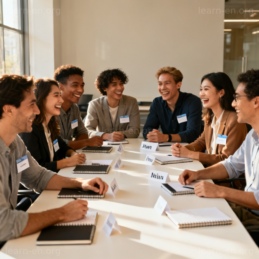 Introduction Meeting 场景图解：团队成员佩戴名牌在会议桌旁交流