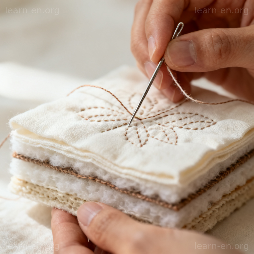 quilt 缝被子图解：特写双手用针线在布料夹层上缝制复杂图案