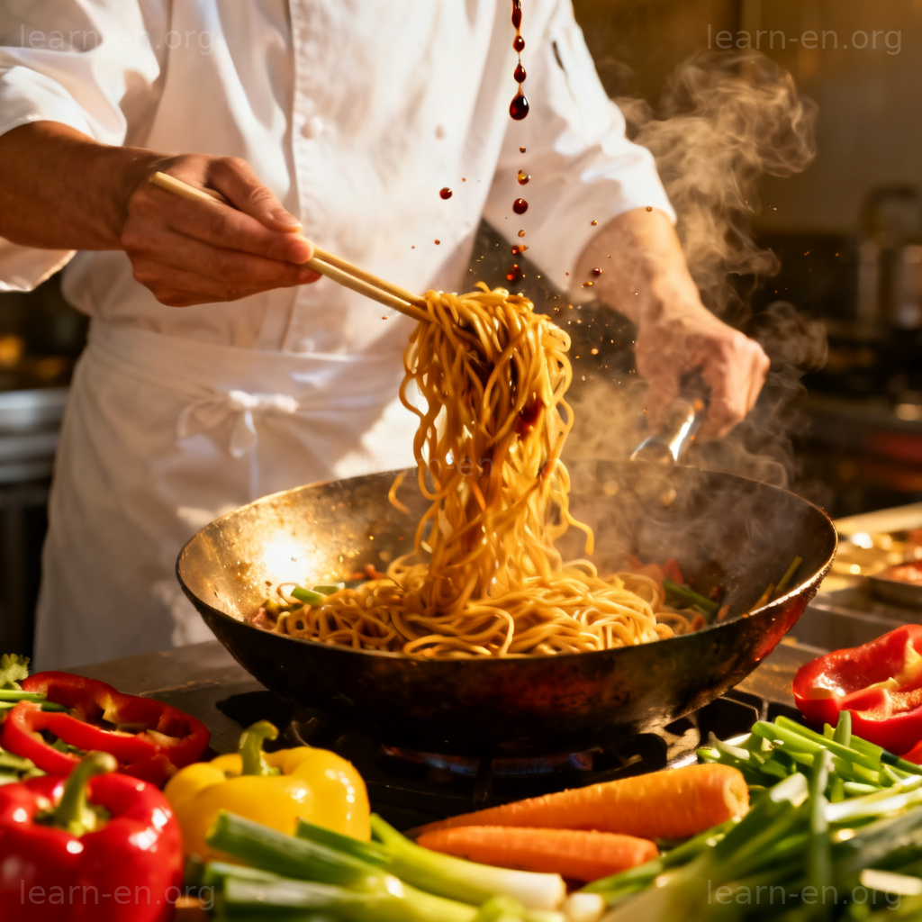 Stir-fried Noodles 图解：厨师在热锅中翻炒面条与蔬菜的场景