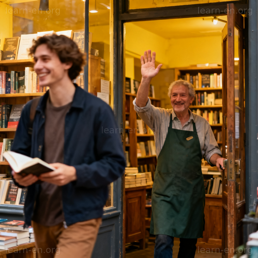 Thank you and we hope to see you again 图解：书店店员微笑挥手告别顾客