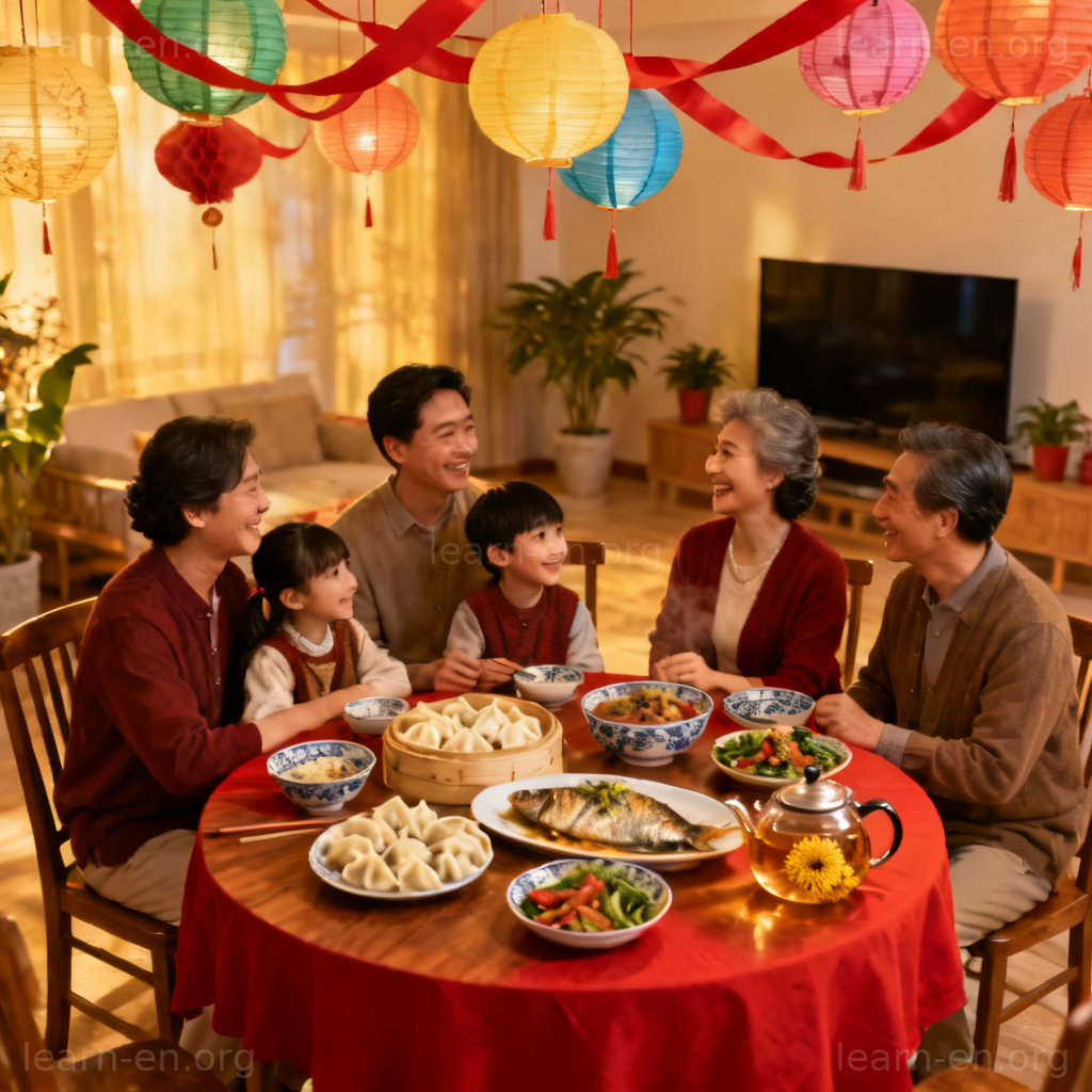 Traditional Festival 图解：家庭欢聚庆祝传统节日的温馨场景