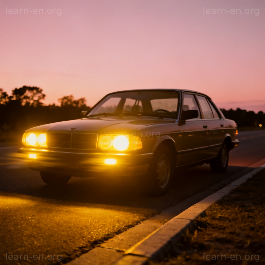 Car parked on roadside with hazard lights flashing at dusk