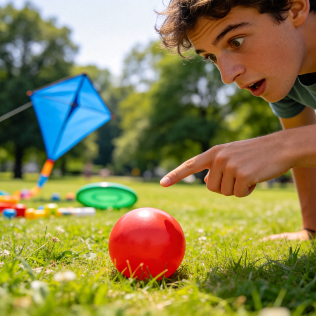 A person standing in a sunny park, pointing with one finger toward a single red ball on the grass, while other toys like a blue kite and a green frisbee are visible in the background. The person's expression is curious, and the ball is slightly highlighted, but not touched, to show it is just one example among many. Clear, realistic style with no text or logos.