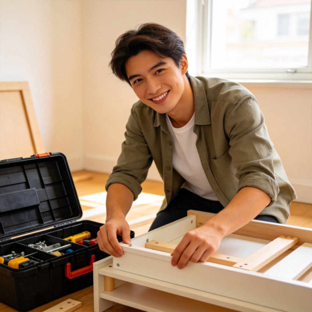 A young man in casual clothes, smiling confidently while successfully assembling a piece of furniture with a toolbox open beside him. Bright room setting, focus on his hands and the nearly completed task. No text.