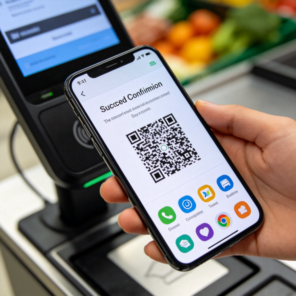 A close-up of a smartphone screen showing a successful payment confirmation message at a grocery store checkout. The phone's camera is scanning a QR code. Clean, clear interface with icons visible. No text on the image itself.