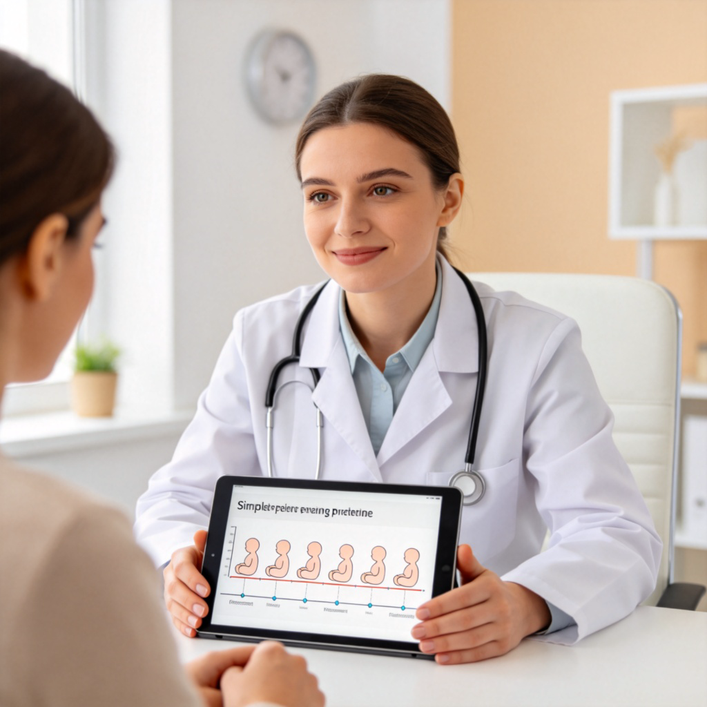 A calm, professional doctor in a clean clinic, sitting across from a patient, explaining something using a medical diagram on a tablet. The diagram shows a simplified, early-stage pregnancy timeline. Soft, neutral lighting, focus on the doctor's empathetic expression and the educational tablet screen. No text or identifiable faces.
