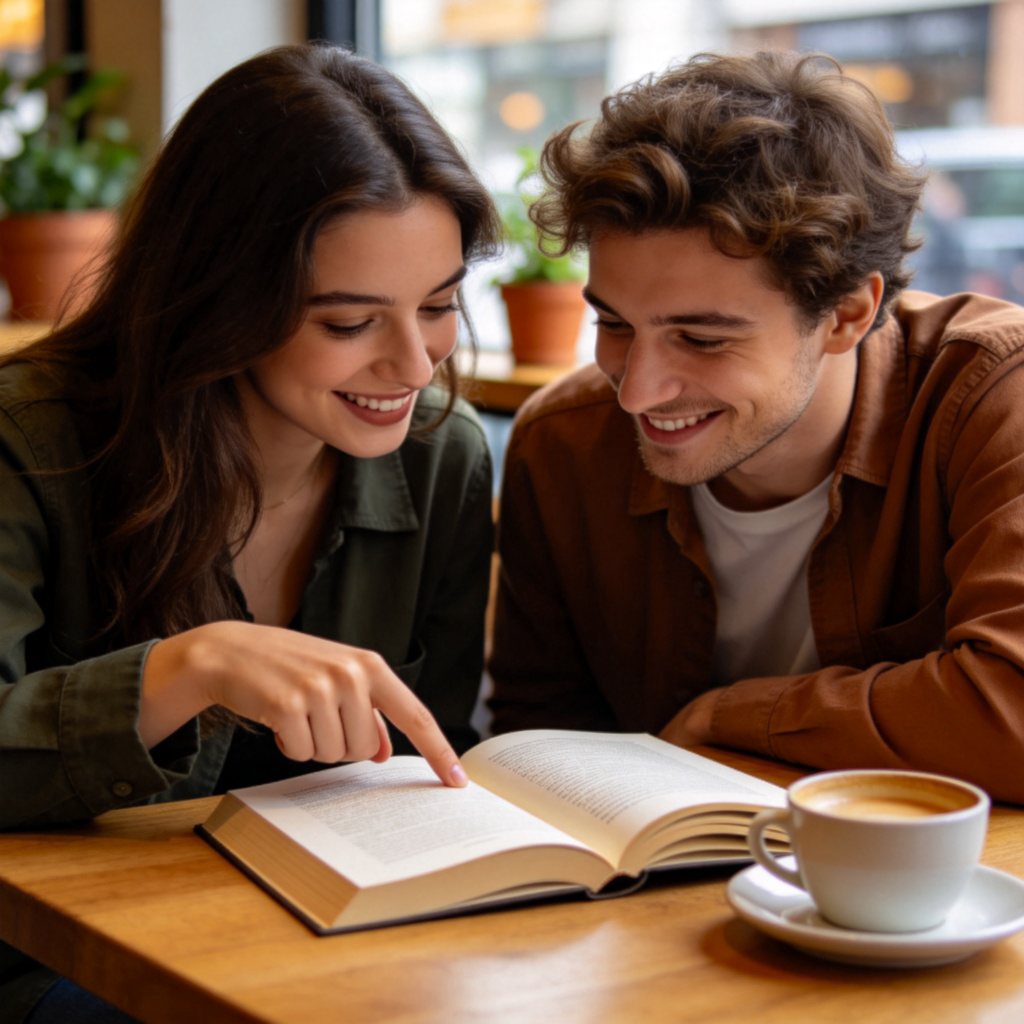Two friendly people sitting at a cafe table, leaning in and having a conversation. One person is pointing to an open book on the table, and the other is nodding. The focus is on their interaction and the book, implying the topic of their talk. Natural lighting, casual setting. No text.