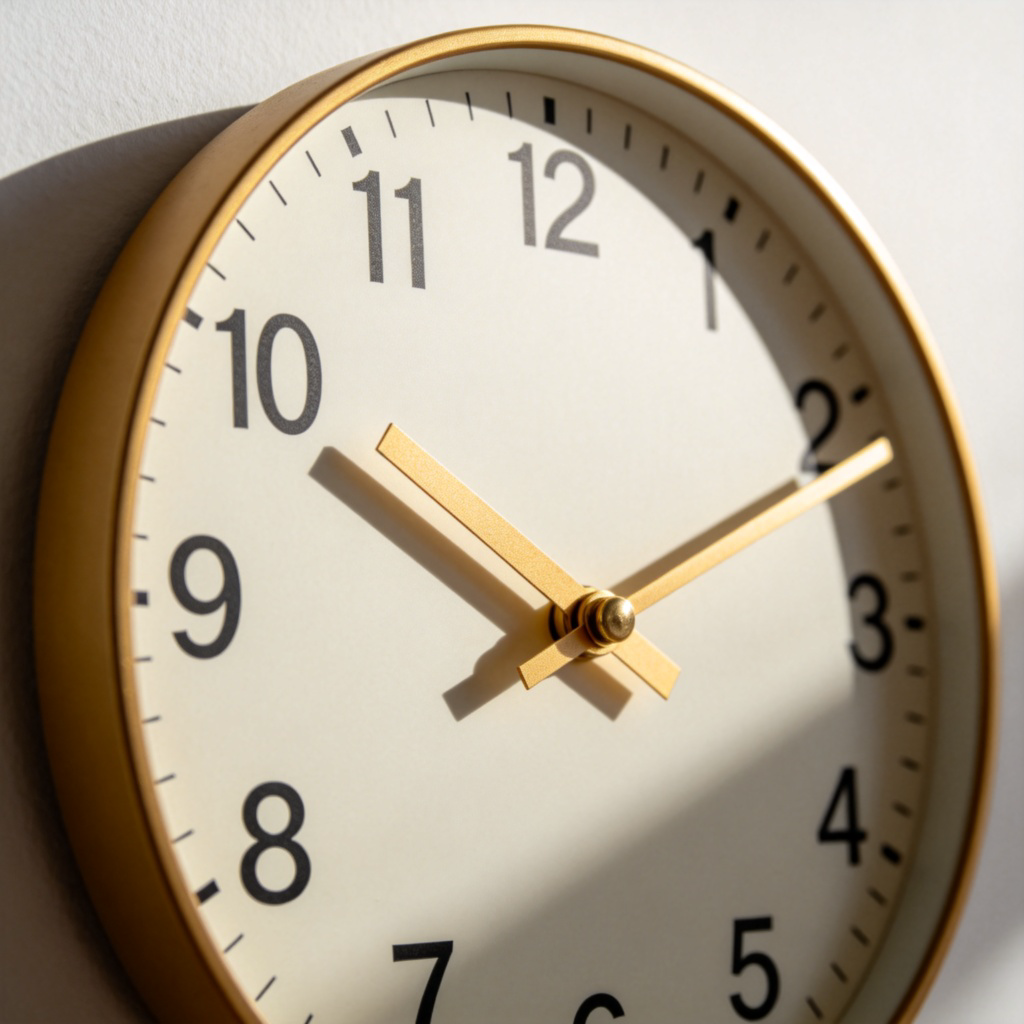 A close-up view of an analog clock on a wall. The clock's hour hand is pointing exactly at the number 2, but the minute hand is slightly before the 12, indicating a time like 1:58 or 1:59. The image suggests "about 2 o'clock." Clean background, natural light. No text or numbers on the clock face besides the standard 1-12.