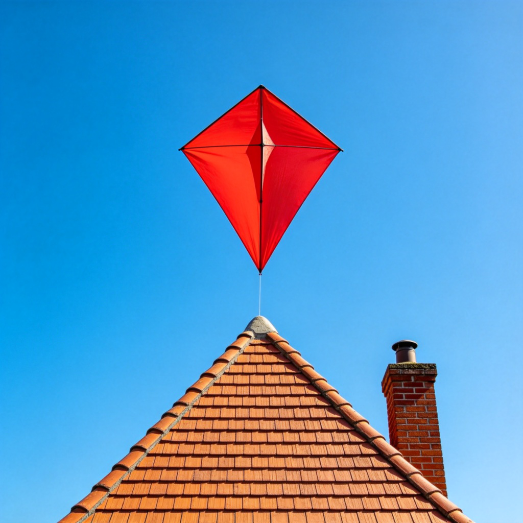 A bright red kite flying in a clear blue sky, positioned directly above the pointed roof of a small house with a chimney. View from the ground looking up, showing clear separation between the kite and the roof. No text.