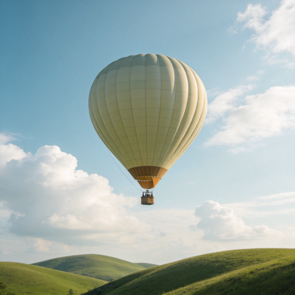 A hot air balloon floating peacefully in a blue sky, viewed from below. The balloon's basket is clearly visible, and below it are tiny,连绵的 green hills and white clouds. The perspective emphasizes the balloon's position high up. No text.