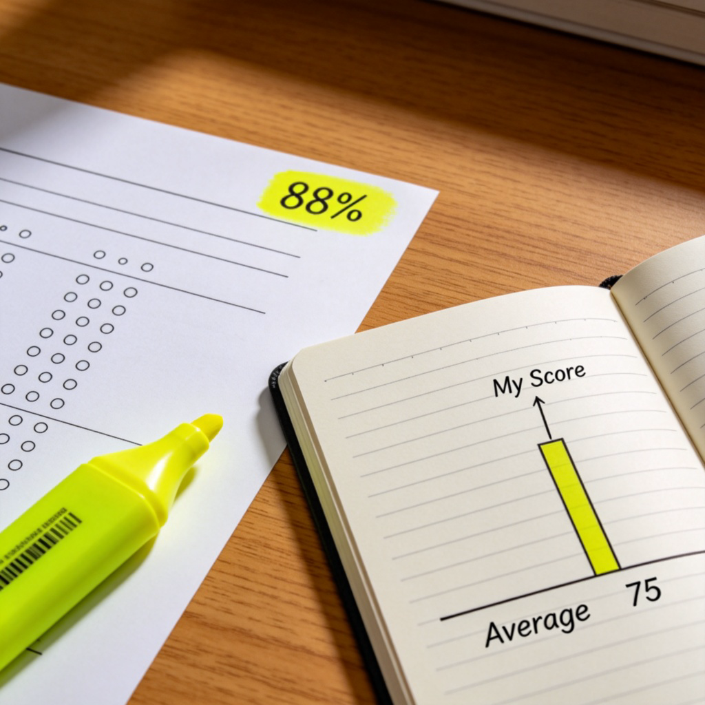 A close-up of a student's graded test paper on a desk. A bright yellow highlighter marks a score of 88%. Next to it, a simple bar chart on a notebook shows an 'Average' line at 75 and a bar soaring above it labeled 'My Score'. No text on the test paper.