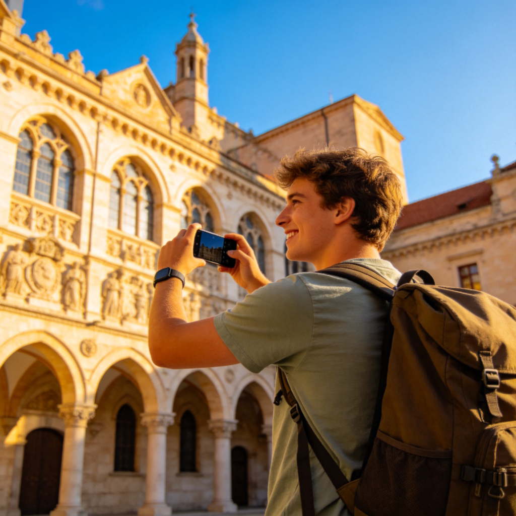 A happy young tourist wearing a backpack, taking a photo with a smartphone in front of a famous European-style old building. Bright sunny day, clear blue sky. The scene feels foreign and distant. No text, focus on the traveler and the distinct architecture.