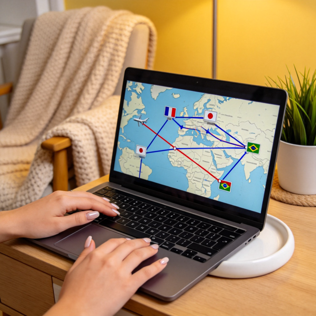 A close-up view of a person's hands browsing international flight information on a laptop screen. The screen shows a map with routes and different country flags. The background is a cozy room setting, emphasizing the planning stage. No text.
