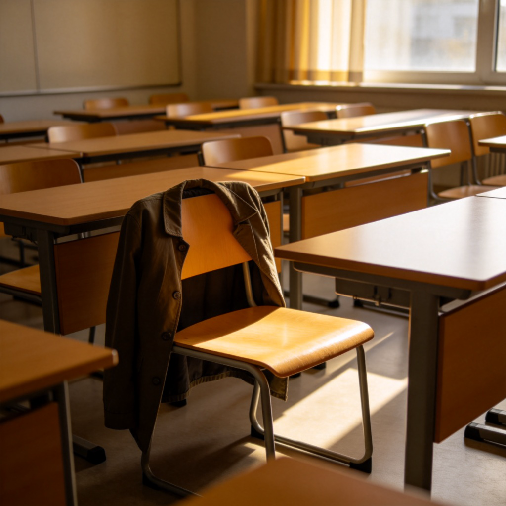 A modern classroom or office with rows of empty desks and chairs. One specific chair is noticeably empty, with a jacket still draped over the back, suggesting someone is missing. Sunlight streams through a window onto the empty spot. Clean, realistic style, focus on the vacant seat. No people, no text.