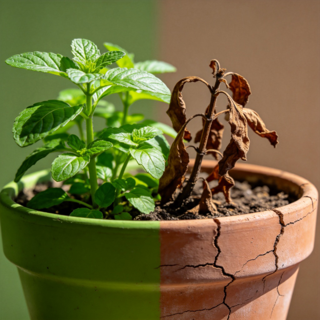A close-up of a healthy, green potted plant next to an identical but completely wilted, brown plant in a dry, cracked pot. The contrast clearly shows the absence of water. Plain background, sharp focus on the differences between the two plants. No text.