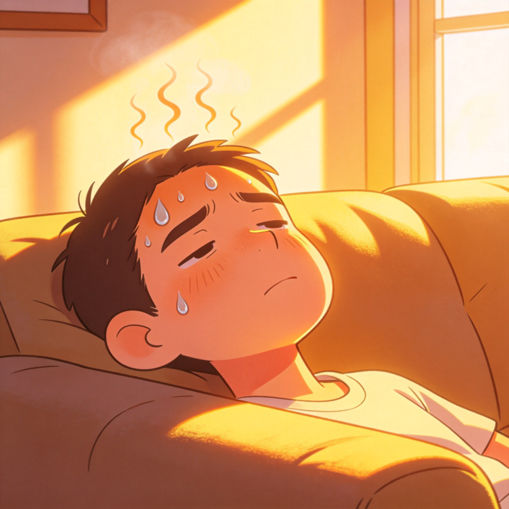 A person sitting slumped on a couch under a bright sun, with exaggerated sweat drops flying off their forehead and a small, wavy heat haze rising above their head. They look completely drained of energy. The room is bright and warm. No text.