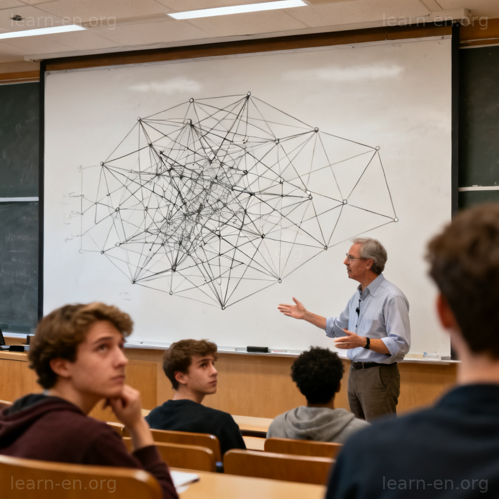 Professor explaining abstract theory on a whiteboard with complex diagrams.