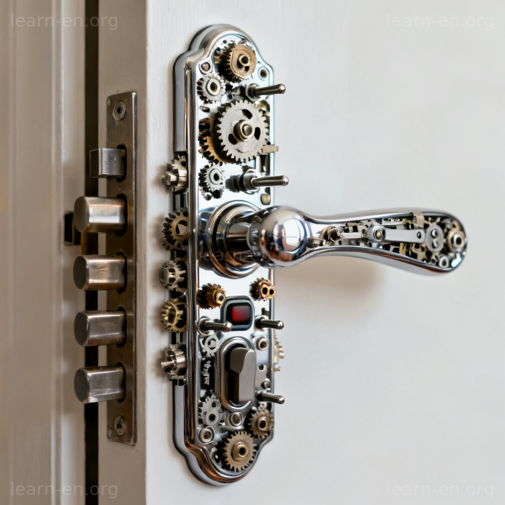 Absurdly complex object like an over-engineered door handle with gears and levers.