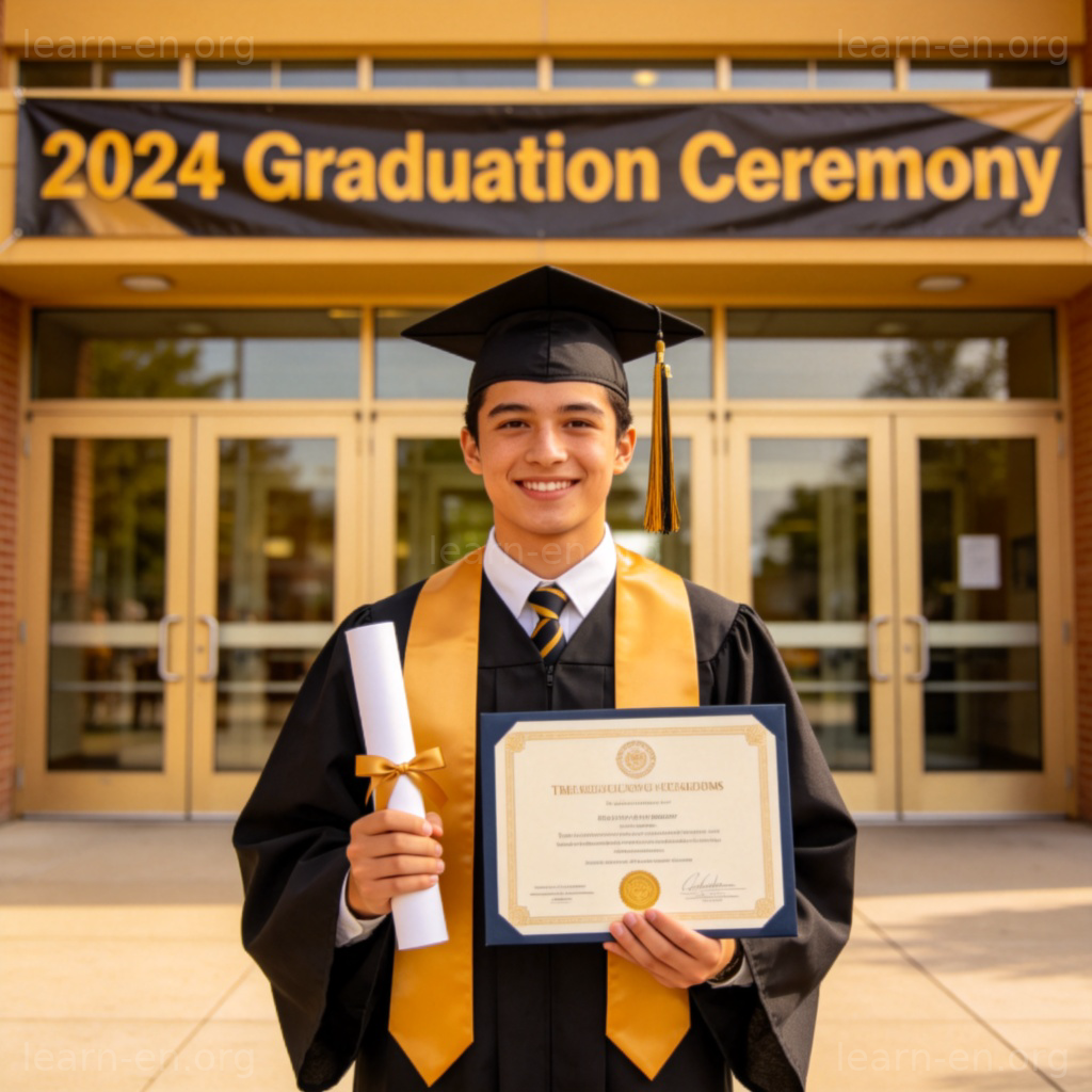 Academic Achievement 图解：学生在礼堂手持毕业证书和奖状