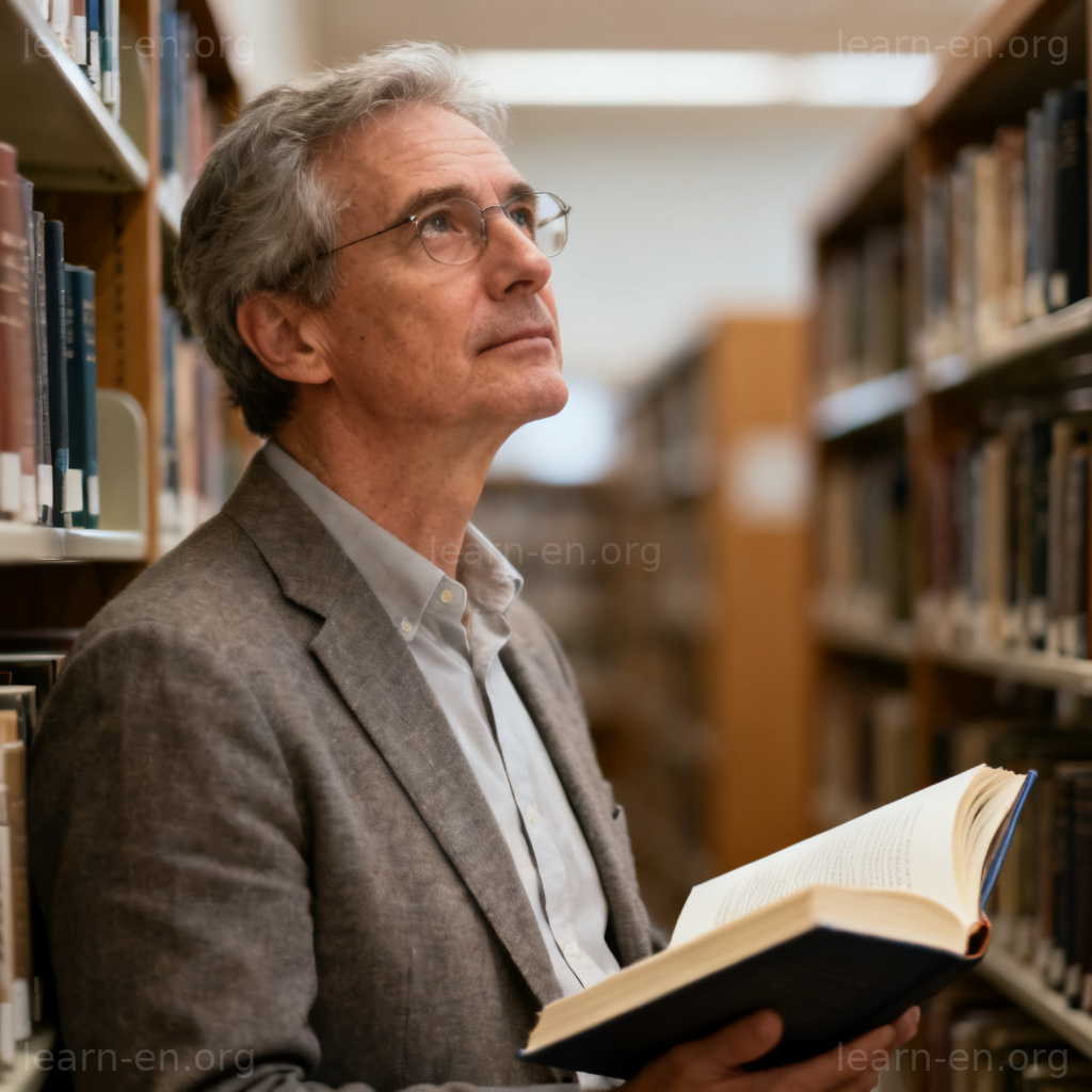 An academic scholar or researcher pondering ideas in a library full of books.
