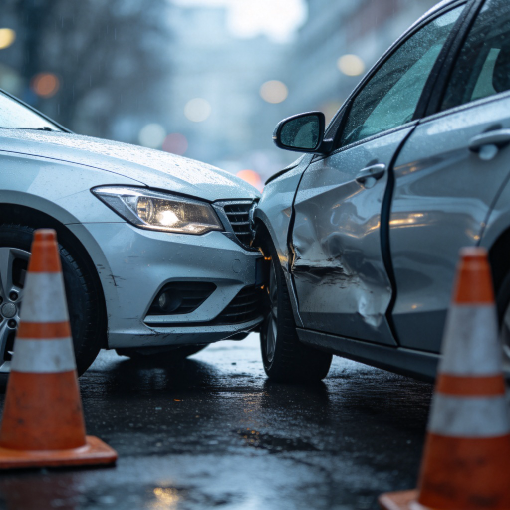 A realistic daytime scene of a minor car accident on a wet city street. One car's front bumper is slightly crumpled against another car's side door. Traffic cones are placed nearby. Focus is on the point of contact between the two vehicles, with blurred background. No text or logos.