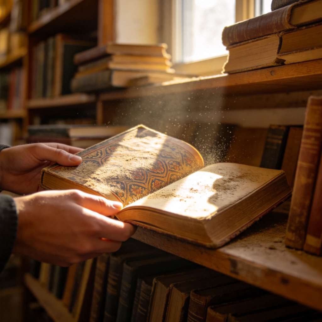 A person's hands carefully lifting an old, dusty book from a cluttered shelf in a second-hand bookstore. A beam of sunlight from a window illuminates the book, revealing a faded but beautiful cover. The scene conveys a sense of unexpected discovery. No text.