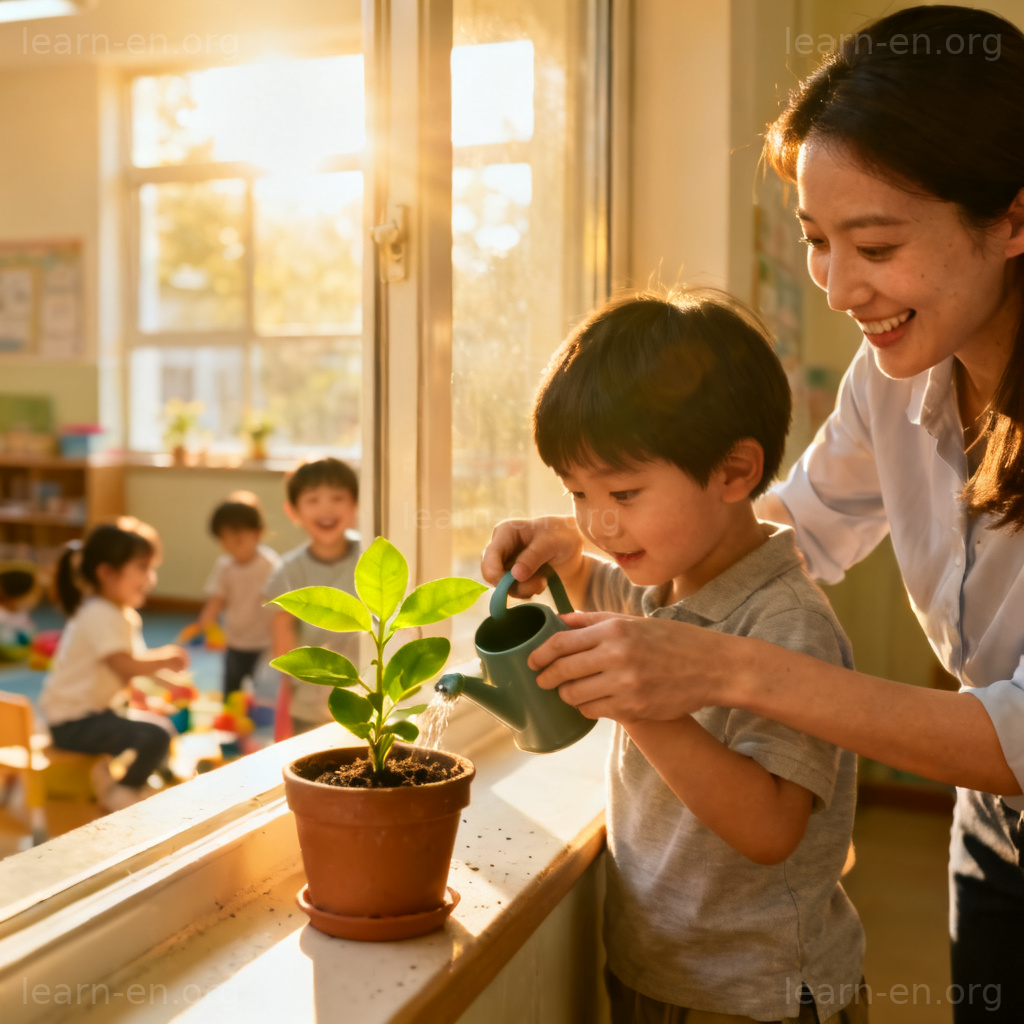 acclimatise 使适应图解：老师引导孩子照顾新植物