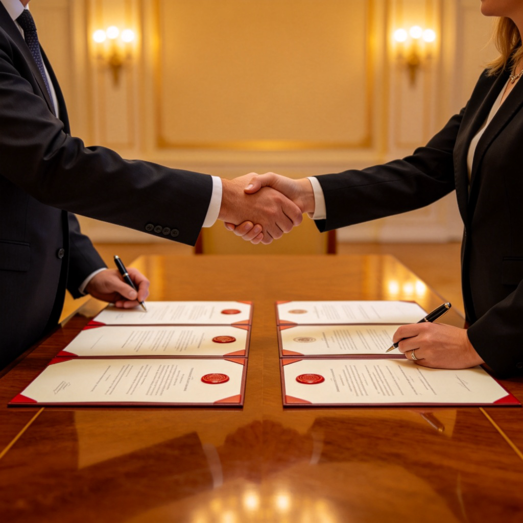 A formal signing ceremony. Two diplomats, one male and one female, wearing business suits, are shaking hands across a wooden table. They are each holding a pen, and several official-looking documents with seals are open on the table between them. Warm, respectful atmosphere. No text.