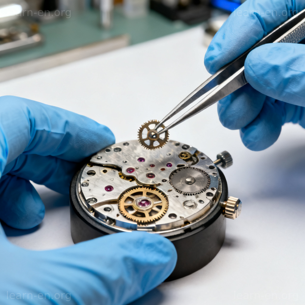 Accurate precision shown by skilled hands assembling a delicate watch mechanism.