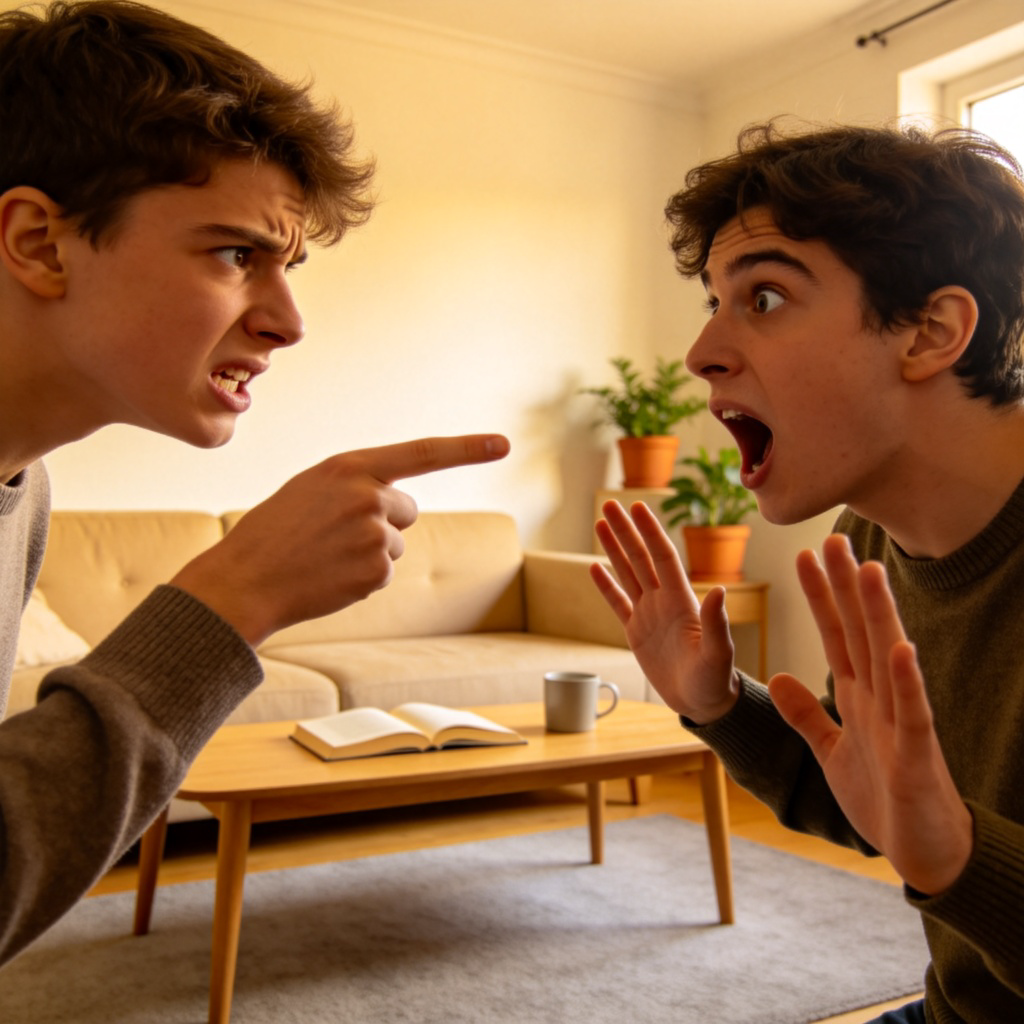 A scene in a cozy living room where one young person points a finger at another, looking upset and speaking. The other person looks surprised and holds up their hands defensively. Focus on their facial expressions and the accusatory gesture. Soft indoor lighting, realistic style. No text.