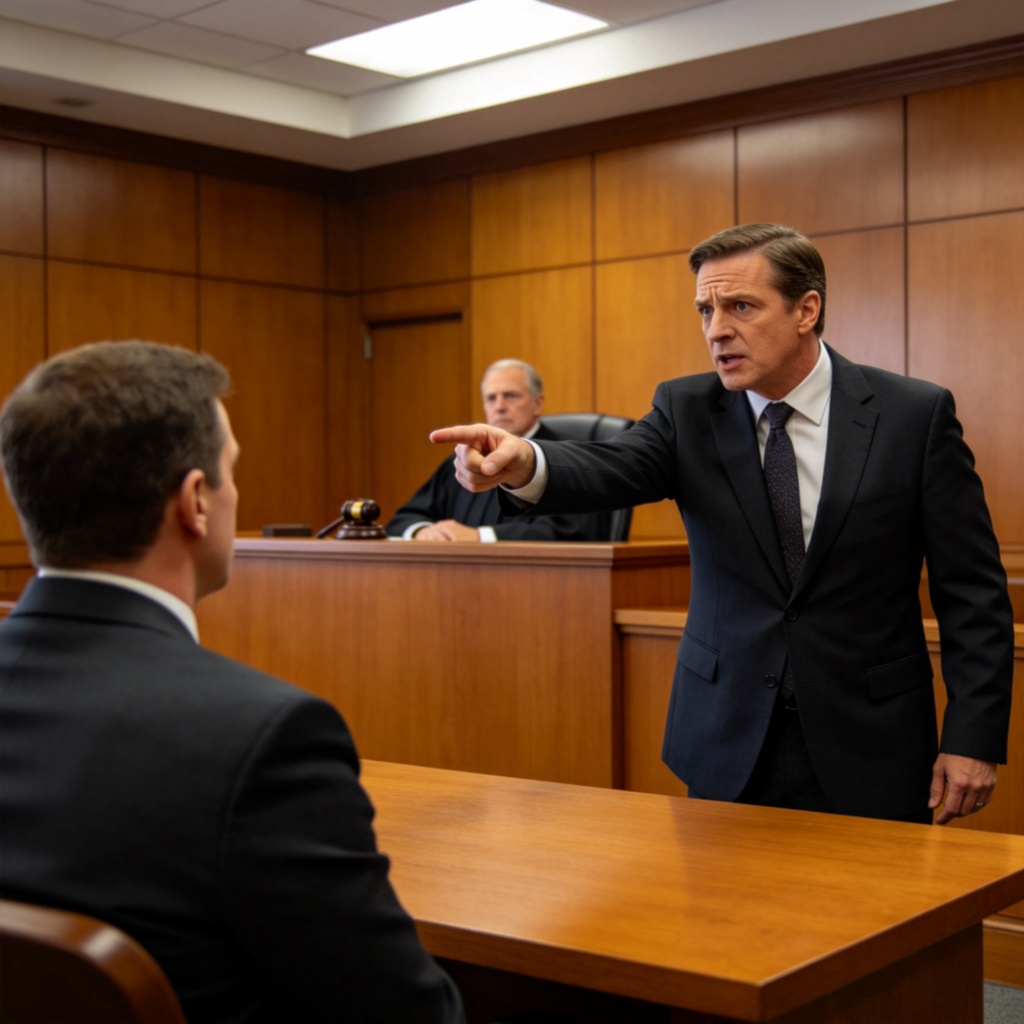 A courtroom scene. A lawyer in a suit stands and points towards the defendant seated at a table, while speaking to the judge. The atmosphere is serious and formal. Focus on the lawyer's determined expression and the pointing gesture. Wood-paneled background, realistic style. No text.