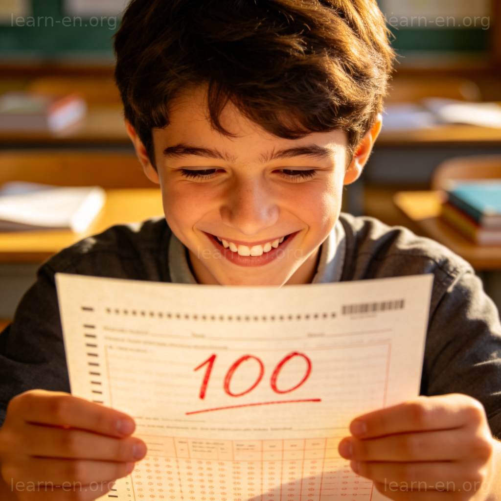 Ace 动词图解：学生看着满分试卷露出喜悦笑容