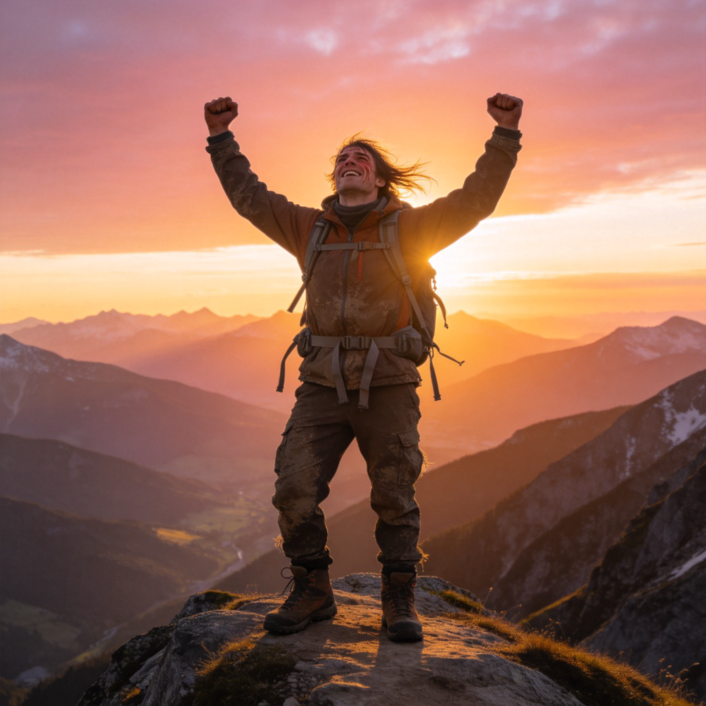 A person standing on top of a mountain peak at sunrise, arms raised in victory. They are wearing hiking gear, looking tired but immensely happy and fulfilled. The view is expansive and clear, symbolizing the completion of a major goal. Photorealistic style, natural lighting, focus on the person's expression of achievement.