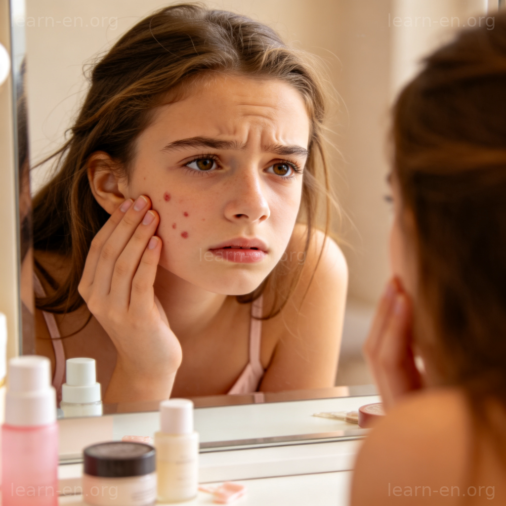 Teen girl with acne on cheek looking in mirror