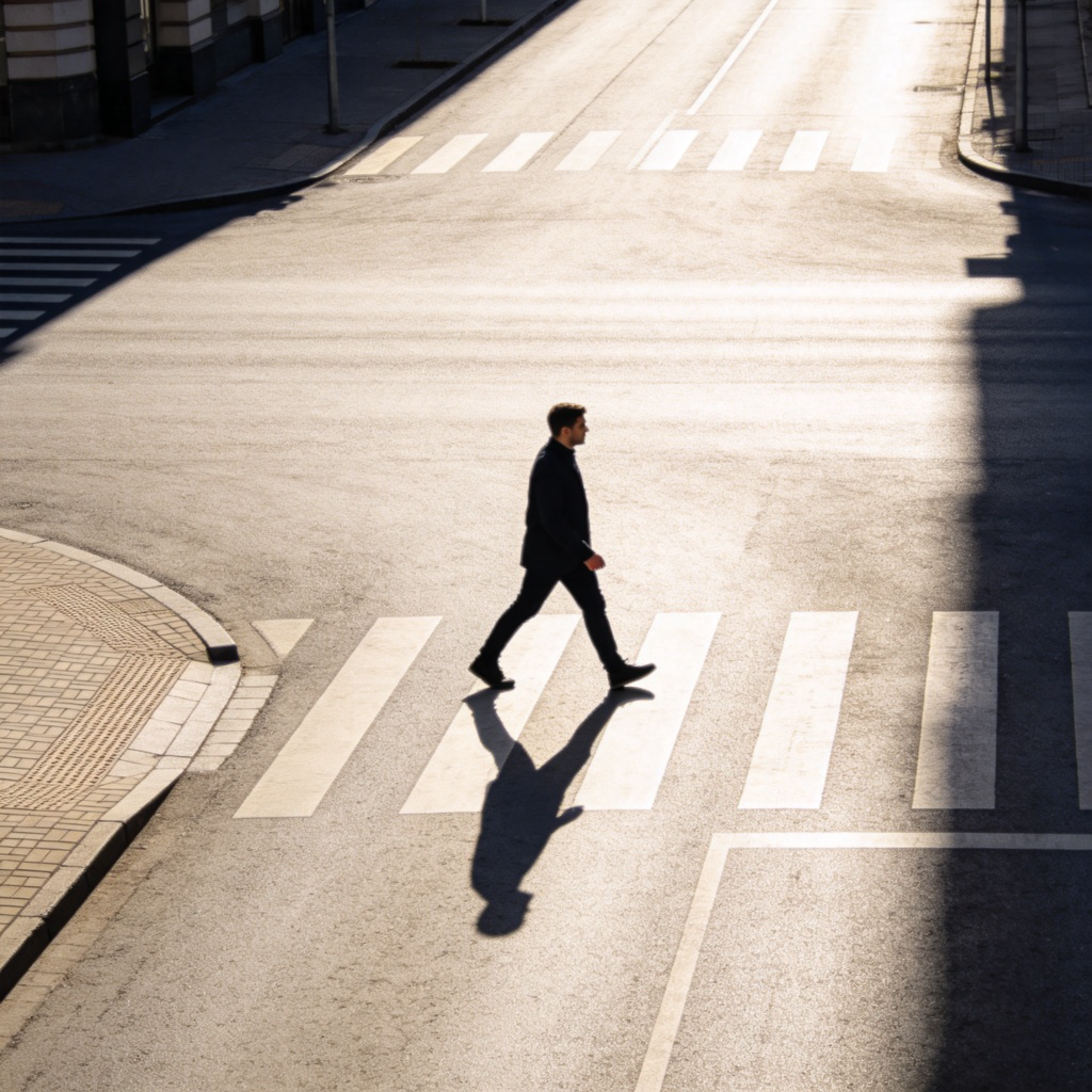 A person walking across a wide, empty street at a zebra crossing, viewed from the side. Bright daylight, long shadows. The person is in the middle of the street, clearly moving from one sidewalk to the other. No cars, simple urban background.