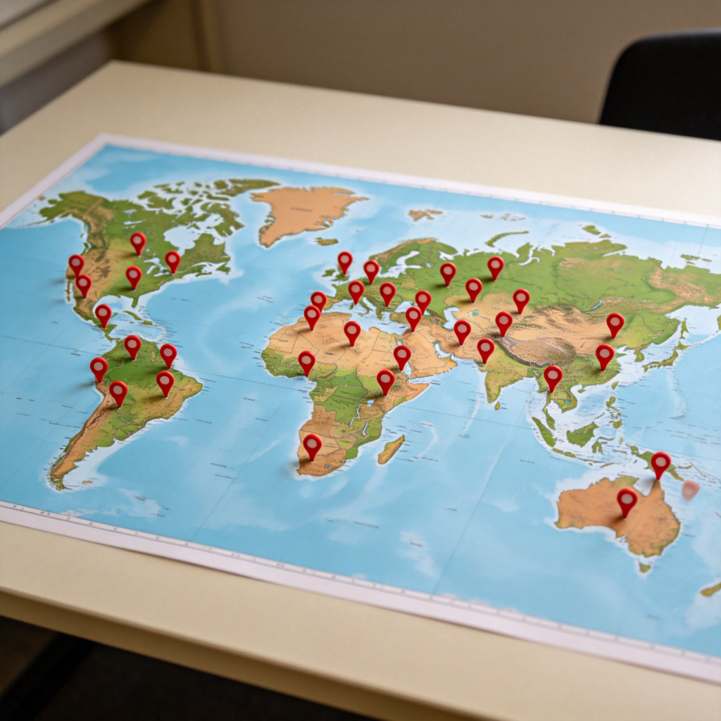 A world map flat lay on a desk, with many small, identical red pin icons scattered across different continents. Some pins are in Europe, some in Asia, some in North America, showing wide distribution. Clean, top-down view, natural light.