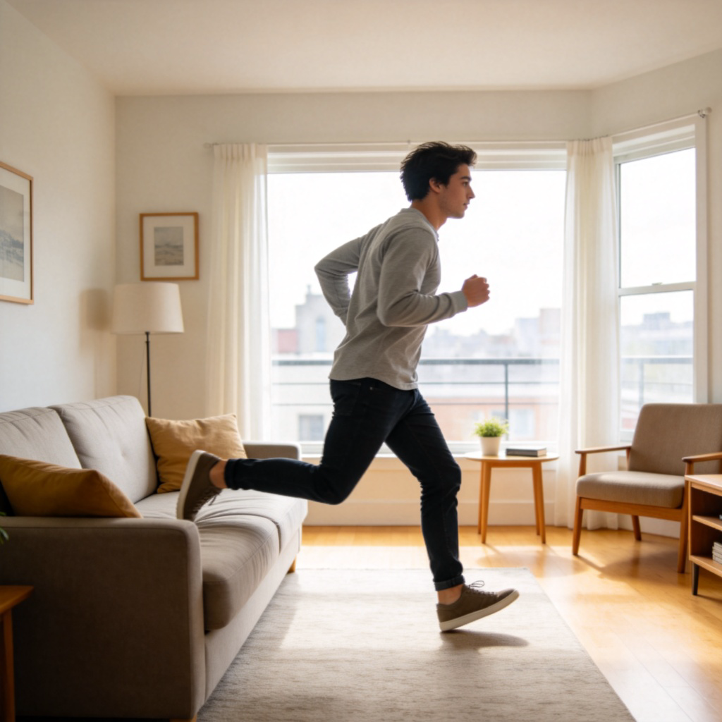 A person in casual clothing, viewed from the side, decisively getting up from a couch and starting to jog in place. The living room is bright and tidy. The focus is on the dynamic motion of beginning to act. No text.