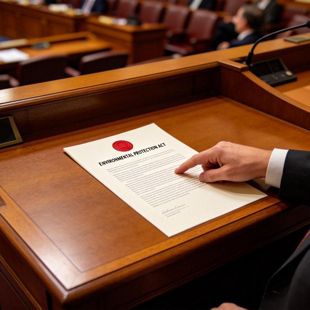 A formal document with a seal and the title 'ENVIRONMENTAL PROTECTION ACT' lying on a wooden desk in a government chamber. A legislator's hand is pointing to a clause. Soft, serious lighting, focus on the document. No text on the image except the mock title.