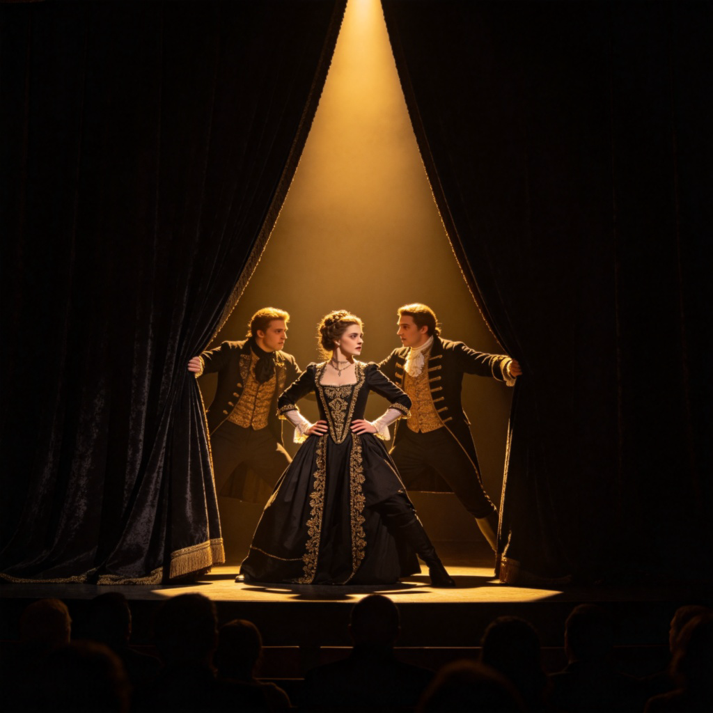 A stage during a live theater performance. The curtain is partially open, revealing actors in period costumes in a dramatic pose under a spotlight. The setting suggests the middle of a story. The audience is in darkness. No text.