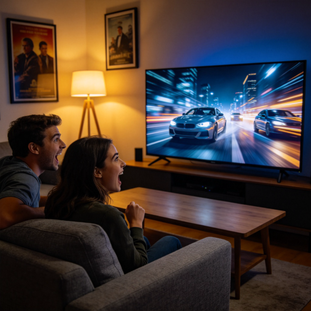 Two friends sitting on a sofa, watching a large TV screen showing an intense movie scene with a car chase. They are leaning forward, looking excited. Living room setting, dim light. No text on the screen.